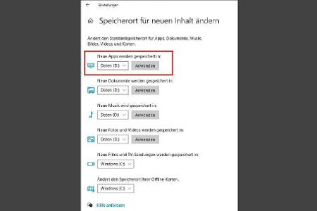 Alle neuen Apps lassen sich automatisch auf ein anderes Laufwerk speichern. So entlasten Sie das Systemlaufwerk um einige Gi...