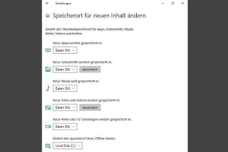 In den Einstellungen von Windows 10 lässt sich festlegen, auf welchem Laufwerk alle künftig erstellten Dateien gespeichert w...