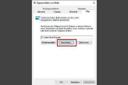 Schon seit Windows XP lassen sich Standardordner wie „Fotos“ oder „Musik“ auf ein anderes Laufwerk verschieben.