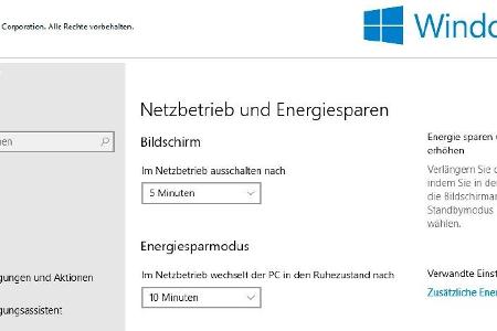 Windows 10 zeigt in der Einstellungen-App die beiden wichtigsten Energiesparoptionen.
