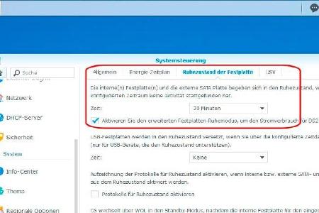 Im Betriebssystem der Netzwerkfestplatten lässt sich einstellen, nach welcher Inaktivitätsdauer die Laufwerke in den Ruhemod...