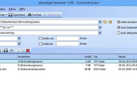 Aborange Searcher - Das Tool vereinfacht die Suche nach Dateien, Sie können die Treffer über verschiedene Parameter verfeinern.