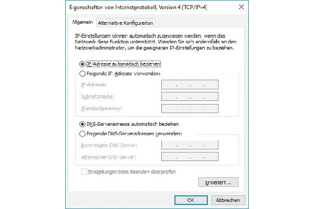 Am wenigsten Ärger haben Sie, wenn Windows die IP-Adressen automatisch von einem DHCP-Server bezieht.