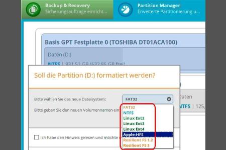 Die acht Dateisysteme, die der Paragon Festplatten Manager hier zur Auswahl anbietet, sind nur ein kleiner Teil aller verfüg...