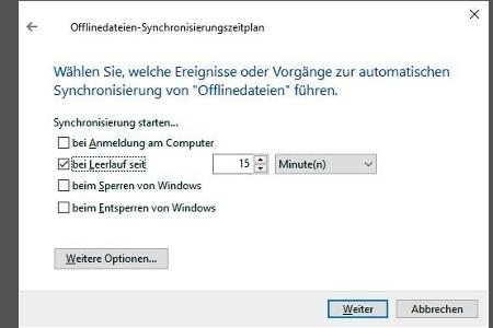Bei der Offlinedateien-Funktion lässt sich einstellen, wann die Synchronisation des Rechners mit der Freigabe beginnen soll.