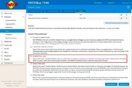 Der aktivierte NetBIOS-Filter verhindert unter anderem, dass per SMB aus dem Netzwerk der Fritzbox auf Daten eines NAS im vo...