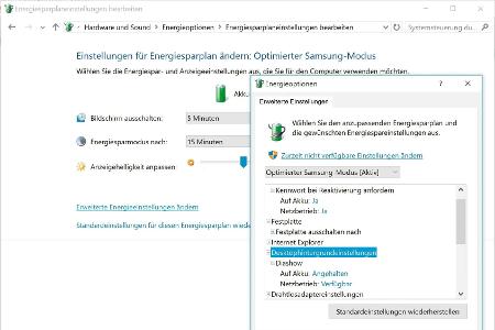 Die erweiterten Energieeinstellungen bieten Zugriff auf den Windows-Energiesparplan.
