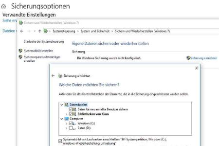 Windows 10 bietet eine Kombination aus Daten-/Ordner-Backup („Datendateien“) und System-Image der gesamten Windows-Partition...