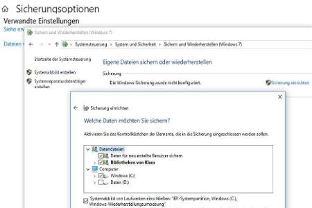 Windows 10 bietet eine Kombination aus Daten-/Ordner-Backup („Datendateien“) und System-Image der gesamten Windows-Partition...