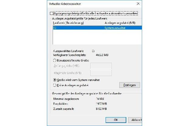 Neue Größe für den virtuellen Speicher festlegen