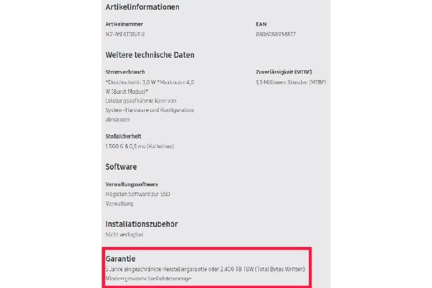 In den technischen Daten zu einer SSD finden sich Angaben zur Garantiedauer und zur Schreibleistung.