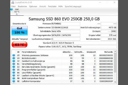 Crystaldiskinfo liefert einen Überblick über die SMART-Werte der SSD.
