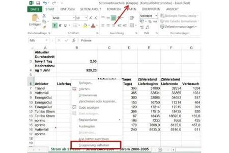 Per Gruppenbildung lassen sich z.B. Überschriften in mehreren Tabellen gleichzeitig einfügen.