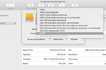Für den Datenaustausch empfehlen wir das Format ExFAT, beim Format APFS gibt es Probleme mit alten Macs.