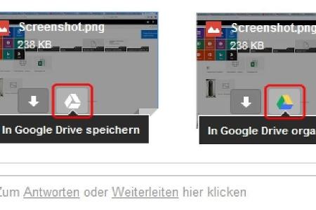Speichern eines Anhangs in Googlemail bzw. Gmail: Beim Darüberfahren mit der Maus erscheint das Drive-Icon in Grau, nach dem...