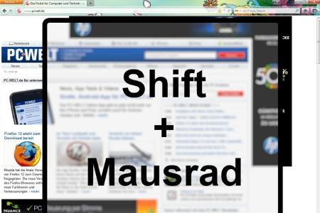 Halten Sie die Shift-Taste gedrückt und betätigen Sie das Scroll-Rad. Firefox springt dann eine Seite vor beziehungsweise zu...