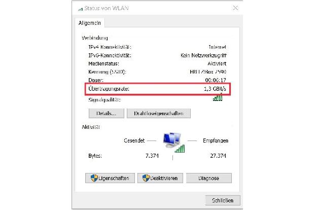Windows zeigt die Geschwindigkeit an, die von der WLAN-Hardware des Rechners erreicht werden kann.