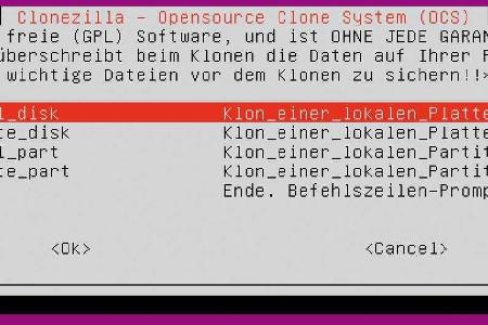 Mit Clonezilla lassen sich im Modus „disk_to_local_disk“ komplette Festplatten kopieren.