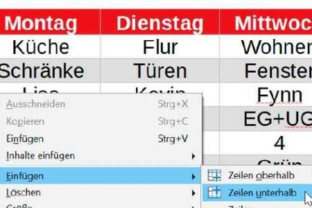 Mit der rechten Maustaste können Zellen eingefügt und gelöscht werden.