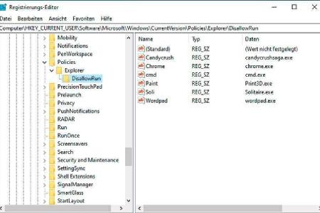 In dem von Ihnen erstellten Ordner „DisallowRun“ tragen Sie als „Zeichenfolge“ diejenigen Programmnamen ein, deren Start Sie...