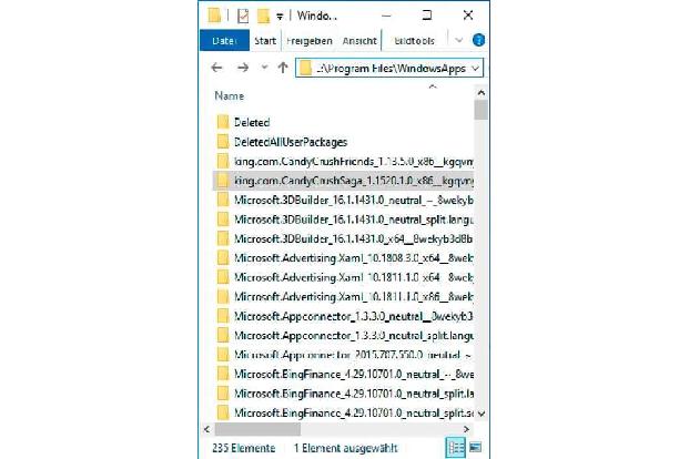 Hier sehen Sie die Ordner mit den Apps für Windows 10, wo sich etwa auch die App Candy Crush befindet.