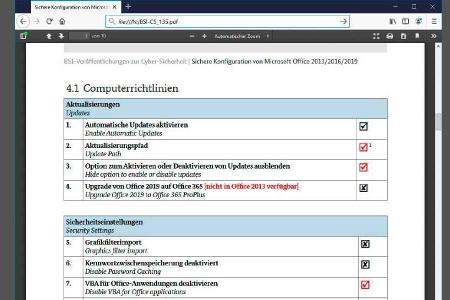 So sehen die PDF-Dateien des BSI mit den Empfehlungen für die Gruppenrichtlinien von Microsoft Office aus. Insgesamt gibt es...