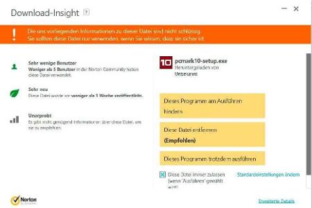 Hier bemängelt die Software Norton Security ein harmloses Bechnmark-Programm.