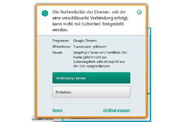 Die Freeware Kaspersky Free Antivirus bemängelt auf vielen Websites fehlerhafte Zertifikate.