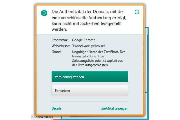 Die Freeware Kaspersky Free Antivirus bemängelt auf vielen Websites fehlerhafte Zertifikate.