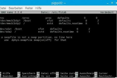 Zum Einbinden der Partitionen vom USB-Stick, müssen die Einträge in der Datei „/etc/fstab“ geändert werden.