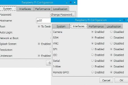 Über „Preferences -> Raspberry Pi Configuration“ lässt sich das Passwort des Benutzers „pi“ ändern und beispielsweise „SSH“ ...