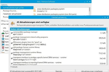 Über den Menüpunkt „Auf Aktualisierungen prüfen“ lässt sich im Paketmanager („Add/Remove Software“) die Aktualisierungsverwa...