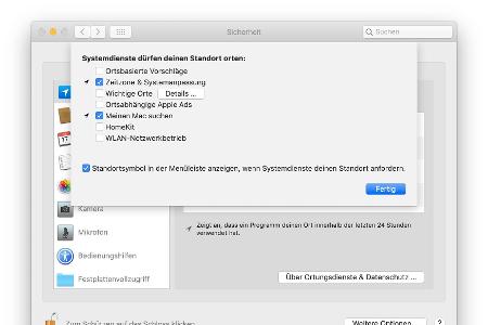 In der Systemeinstellung „Sicherheit“ kann man genau festlegen, welche Systemdienste auf die Ortsinformationen zugreifen dür...