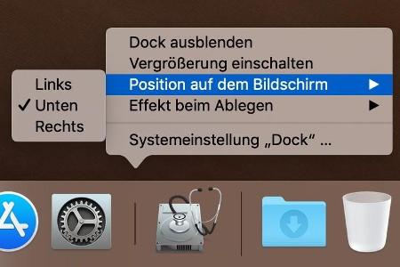 Über das Kontextmenü des Docks lässt sich festlegen, wo es auf dem Monitor angeordnet sein soll.