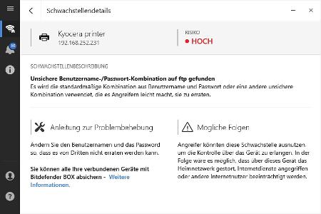 Hier moniert Bitdefender Home Scanner eine unsichere Kombination aus Benutzername und Passwort.