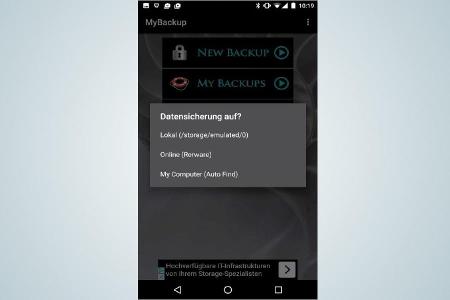 Wahl des gewünschten Speicherorts für das Backup. In der kostenlosen Version lassen sich Backups auf dem internen Speicher u...