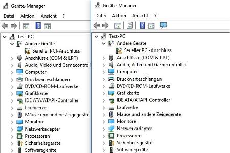 Links die standardmäßige Ansicht des Geräte-Managers, rechts diejenige mit 