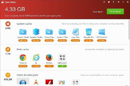 Mit der Freeware Clean Master für Windows lassen sich überflüssige Daten beseitigen. Per Clean Now lässt sich alles auf einm...