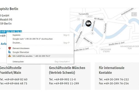 Call a Number via Fritz!Box: Telefonnummer auf Webseiten markieren Sie und rufen diese dann über das Kontextmenü direkt mit ...