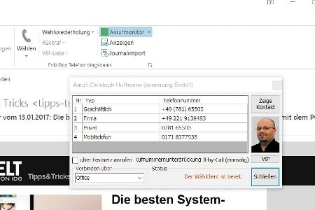 Fritz!Box Telefon-dingsbums: Das direkte Wählen der Kontakte in Outlook ermöglicht das Outlook-Addin. Außerdem bietet es Anr...
