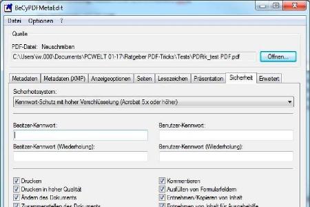 Mit Becy PDF Metaedit lassen sich einzelne PDFs mit einem Kennwortschutz versehen und die Rechte des Besitzers und des Benut...