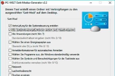 Verknüpfungen zu einzelnen oder allen („God Mode“) Elementen der Systemsteuerung lassen sich mit dem Tool PC-WELT-Gott-Modus...