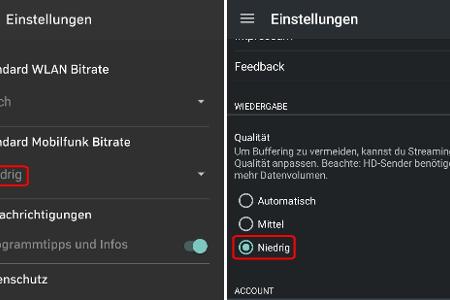 In der Zattoo-App lässt sich die Qualität für WLAN und Mobilfunk getrennt voneinander einstellen. Magine bietet drei Qualitä...