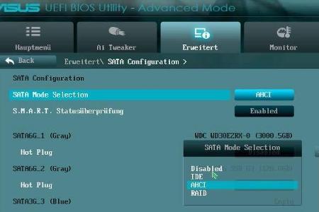 Um die optimale Leistung aus der SSD herauszukitzeln, muss im Bios/Firmware-Setup beim SATA-Controller der AHCI-Modus aktivi...