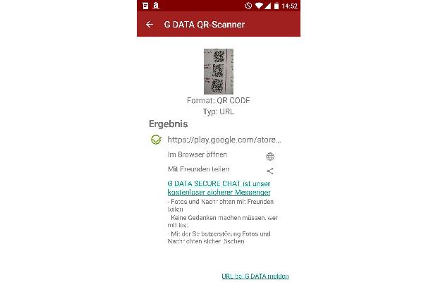 Die App G Data QR-Scanner prüft vor dem Öffnen von QR-Codes, ob hierbei Schaden ausgehen könnte.