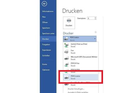 Hier sehen Sie die Auswahl von PDFCreator im Drucker-Menü von Microsoft Word 2013.