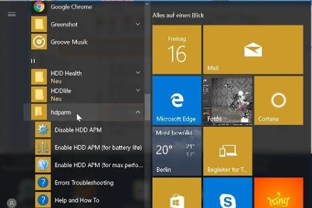 Direkte Shortcuts, mit denen sich die Energiemodi der Festplatte einstellen lassen, finden sich im Windows-10-Startmenü unte...