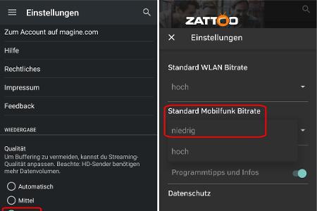 Nur Magine und Zattoo bieten die Möglichkeit, die Qualität und somit die Datenmenge einzustellen, die Waipu-App bietet diese...