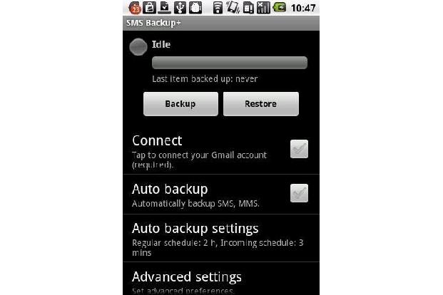 Synchronisierung: Über Goolgle Mail Anruflisten und SMS mit SMS Backup+ sichern.