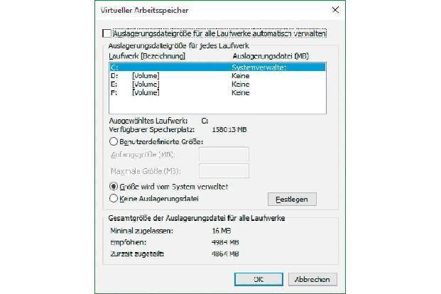 Der virtuelle Arbeitsspeicher lässt sich größenmäßig anpassen oder auf eine andere Platte verschieben.